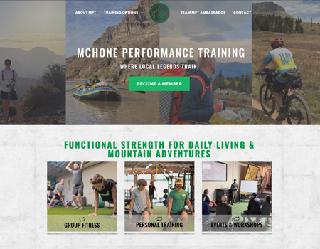 Image of the top of McHone Performance Training Home page Athletes in Gym and Outdoor Activities and boxes of the different classes or services they offer