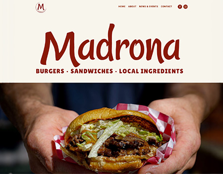 Madrona - Screenshot from home page, logo and hands presenting a hamburger